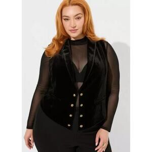 Torrid Black Velvet Vest Plus Size 1X 14/16 Military Button Front